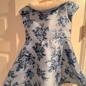 Floral Blue Dress with Faux Fur Collar